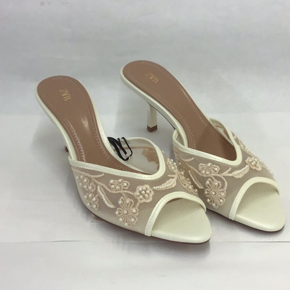 Zara Cream Embroidered Peep-Toe Heels